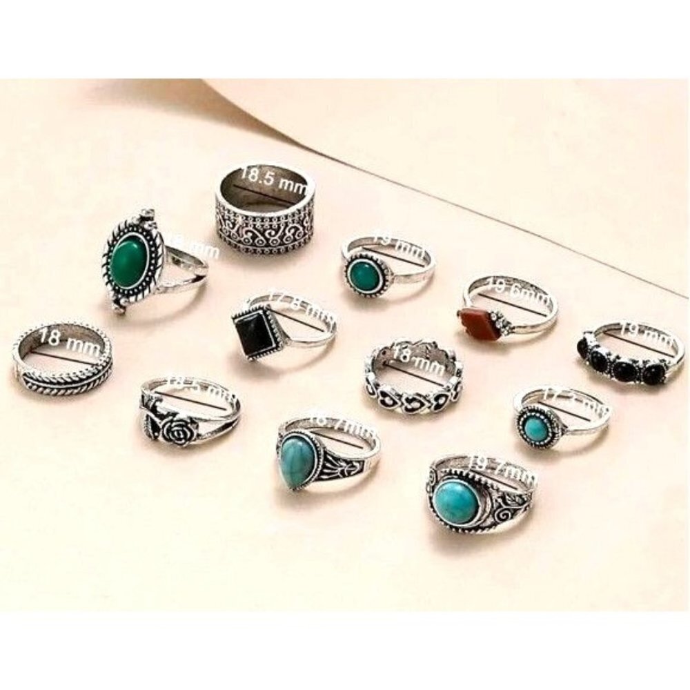 Rings 12 Silver Tone Antique Style Rhinestone Various Colors sz 6.5 - 7.5 US